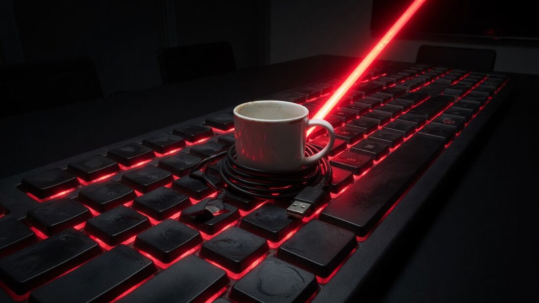 A conference table that is a giant keyboard, USB cable coiled around a mug.